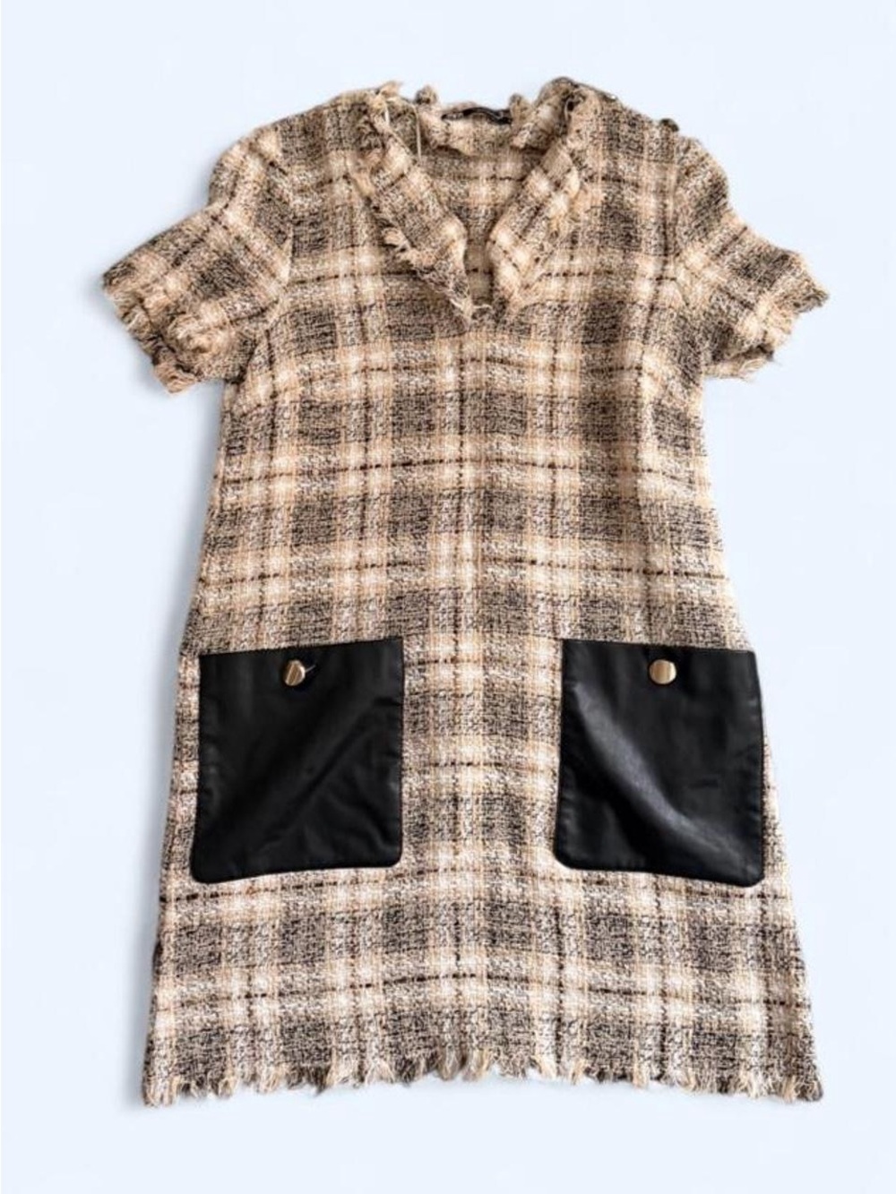 Zara Beige and Black Plaid Tweed Mini Dress
